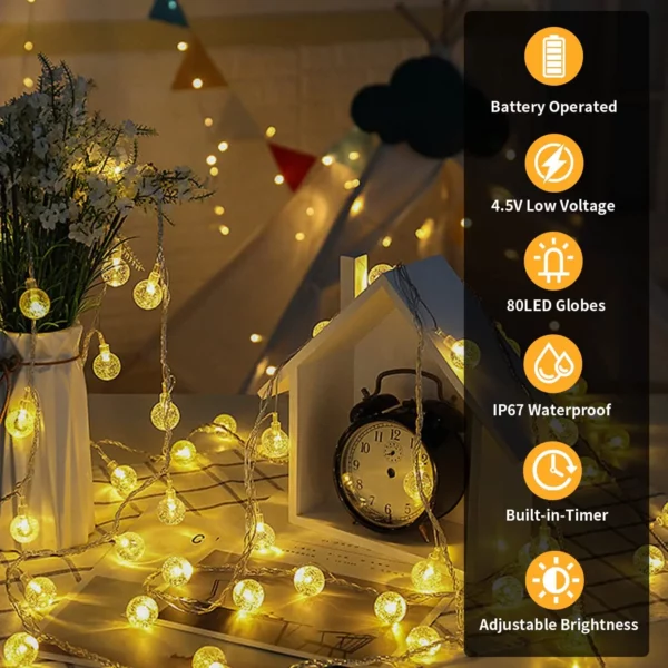 2 - Battery Operated String Lights Outdoor Indoor 80LED Waterproof Crystal Mini Globe Fairy Lights Christmas Decorative