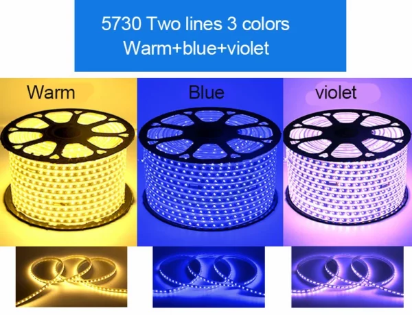 8 - High Voltage Outdoor waterproof 220v SMD 5730 Warm white Color RGB Led Strip Light 100m/roll for home decoration